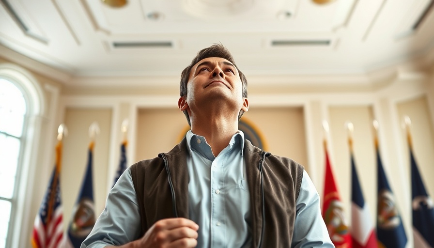 Man confidently stands indoors with military flags in the background.