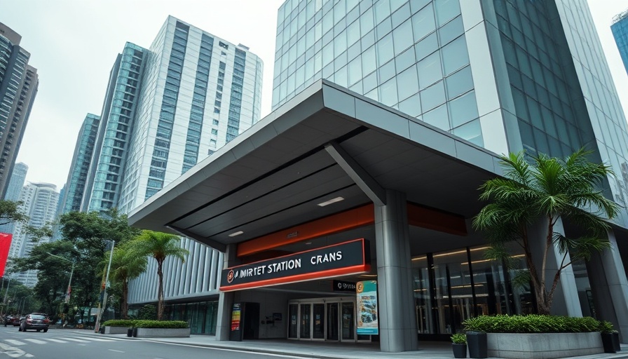 Modern Singapore MRT station entrance on a cloudy day.