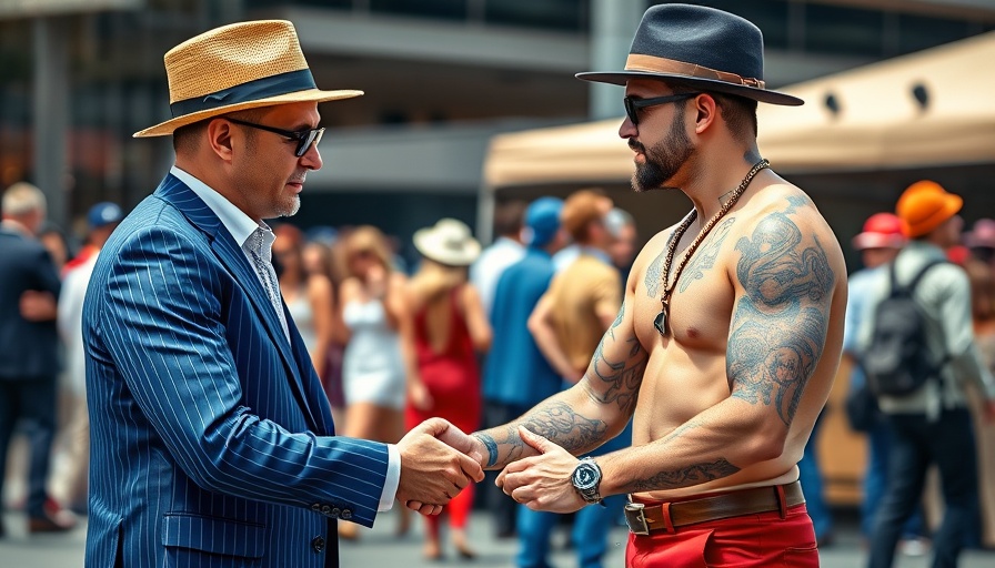 Fashionable menswear at Saks Global event, two men shaking hands stylishly.