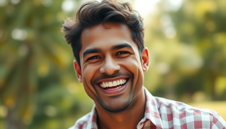 Smiling man outdoors exemplifying positive business growth.