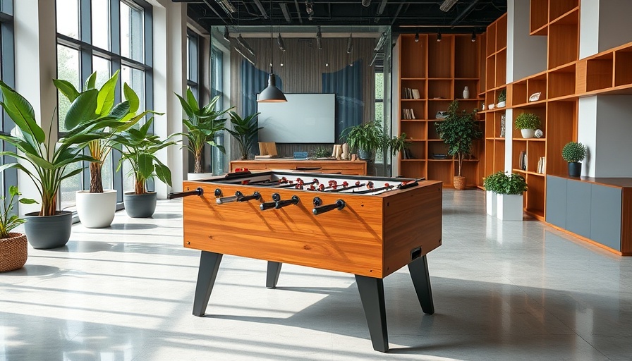Stylish man cave office design with foosball table.