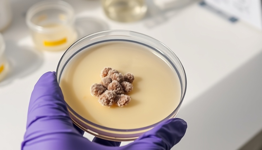 Hand in glove holding petri dish with Aspergillus flavus colony in a lab.