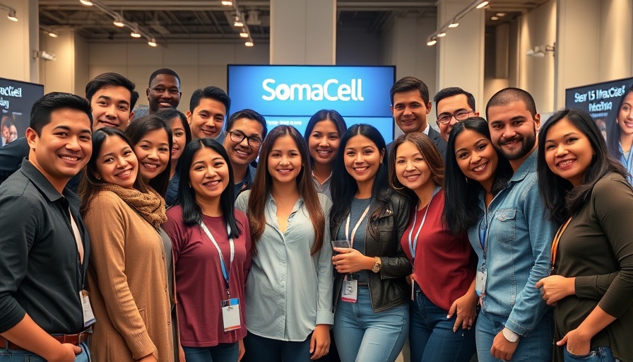 SomaCell booth at indoor event with smiling group.
