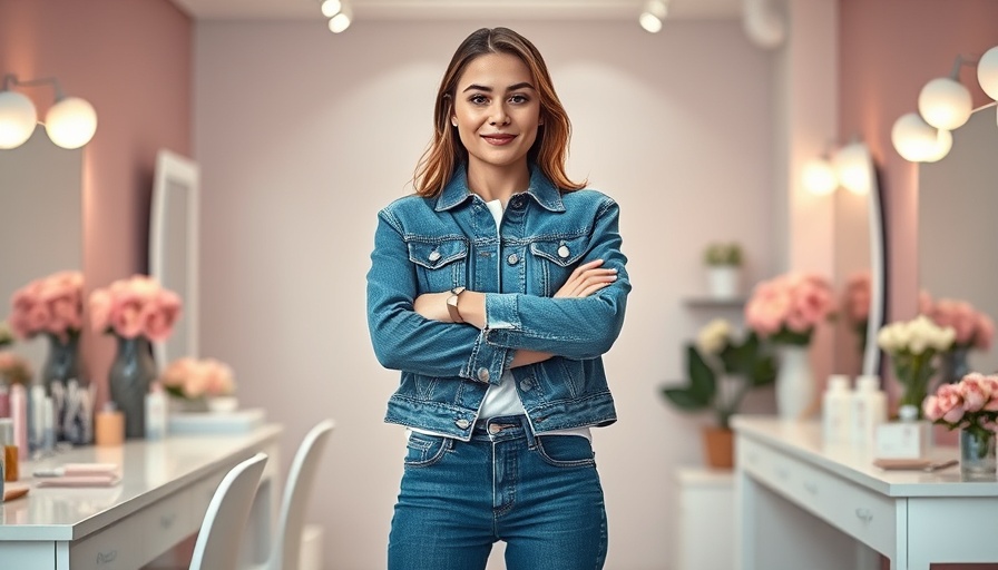 Confident young woman in denim at a beauty workspace