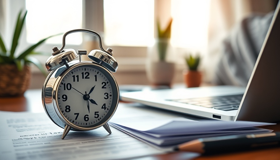 Alarm clock with tax note beside laptop and tax documents in home office lighting.