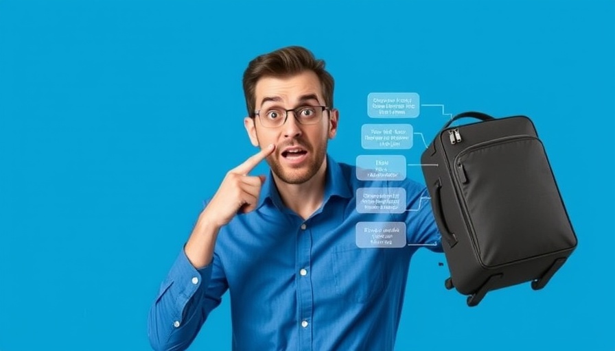 Man reviewing lightweight carry-on bag with surprise expression.