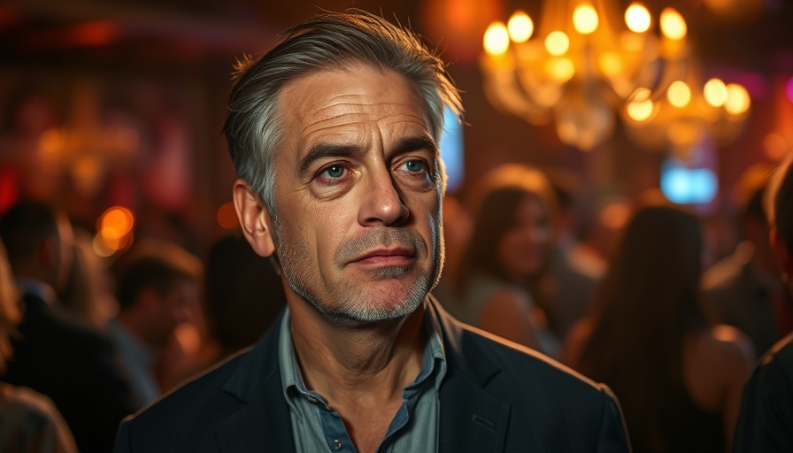Contemplative man at America party formation event, warm glow.