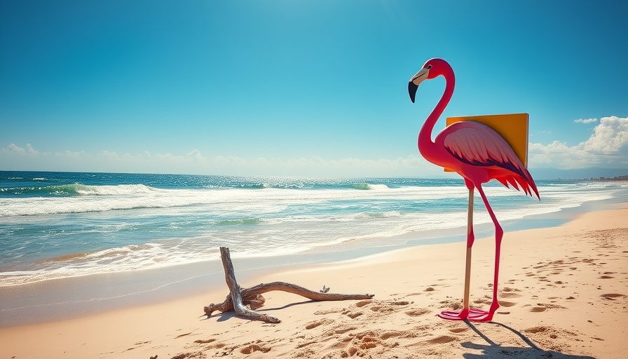 Recovery of Sanibel vibrant beach scene with whimsical flamingo sign.