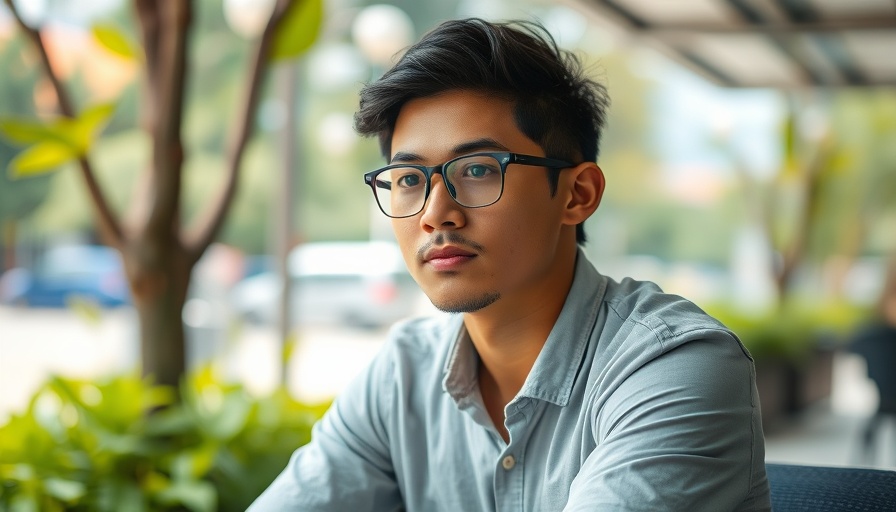 Young man sitting confidently outdoors, soft lighting, urban backdrop.