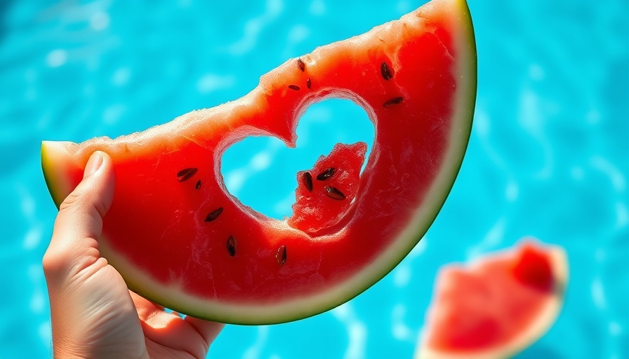 Vibrant watermelon slice with heart cutout by poolside, Healthy Summer Snacks.