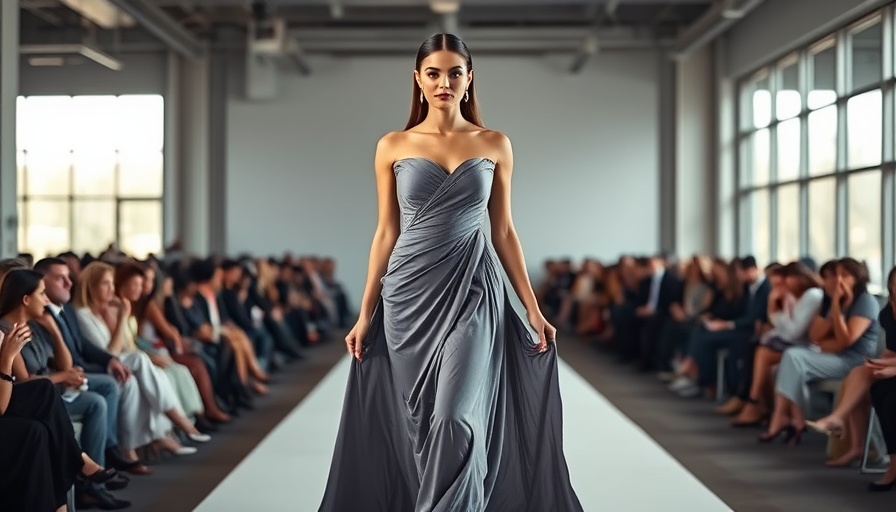 Schiaparelli exhibition UK runway display with model in gray gown.