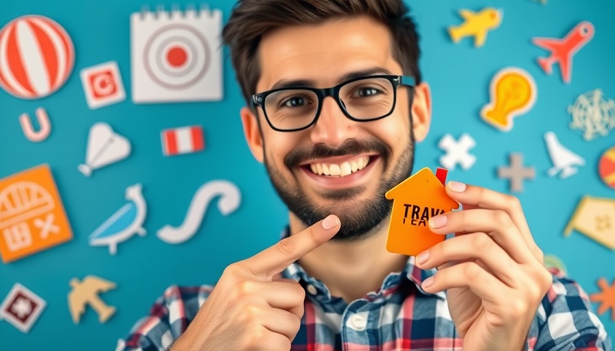 Man with tiny travel essentials on blue background, vibrant icons.