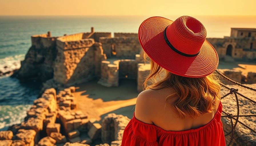 Woman exploring ancient ruins by the sea, Peloponnese.