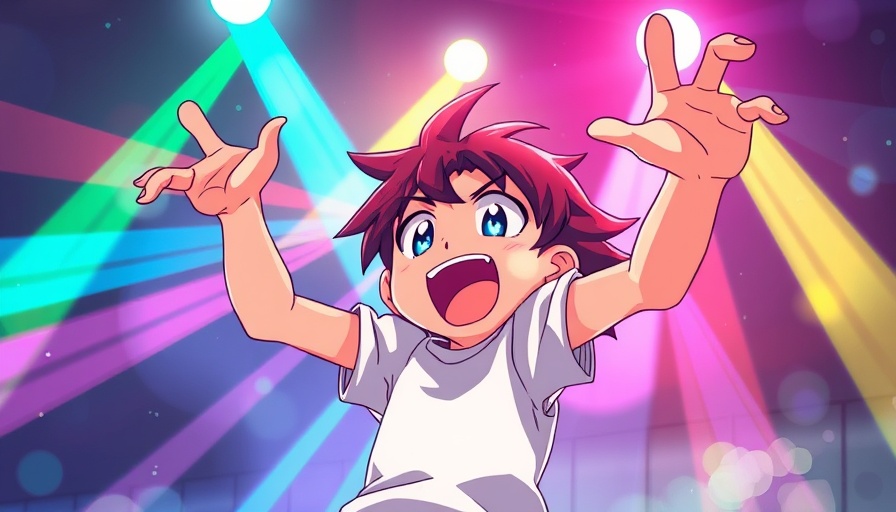 Dan Da Dan Toonami anime character reaching upwards with colorful lights.