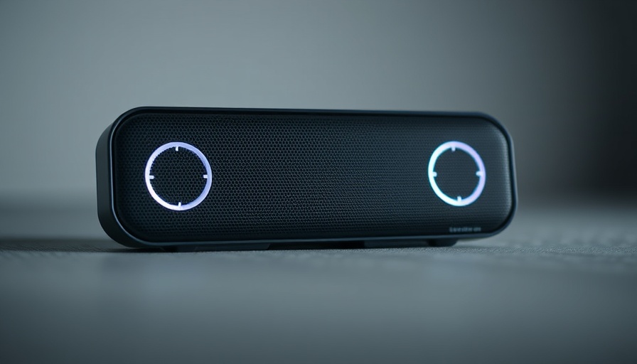 Modern portable sports technology speaker with LED lights on table.