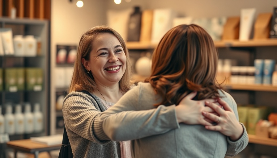 Warm interaction in shop, expressing loyalty through friendly hug.