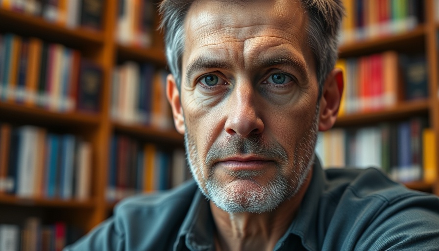 Middle-aged male in library for Bookshop.org campaign