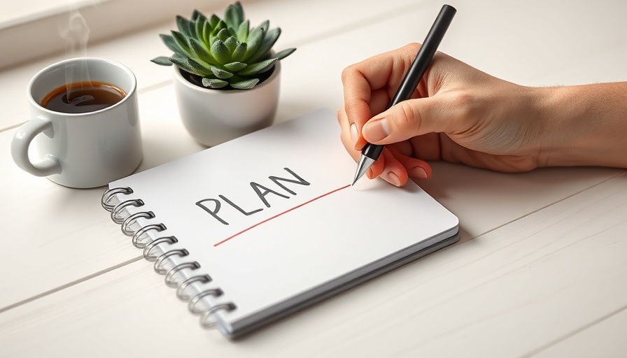 Hand writing a plan in a notebook with coffee and plant nearby.