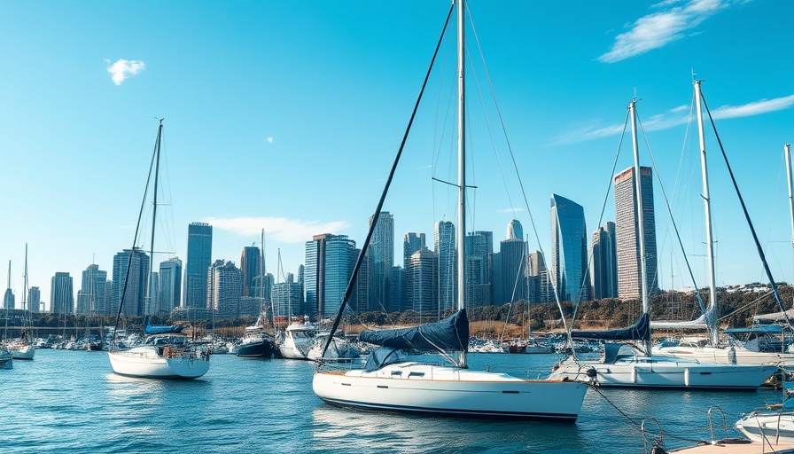Marina with boats under tarp for storm preparations near city.