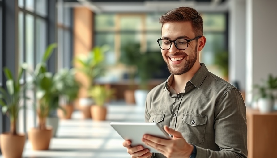 Young professional using tablet in modern office, Microsoft Dragon Copilot implementation.