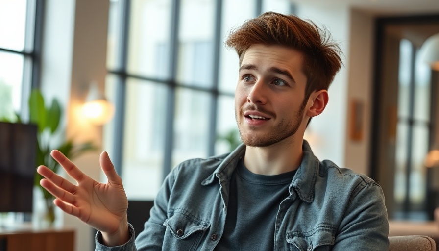 Young man discussing new YouTube feature indoors, engaging.