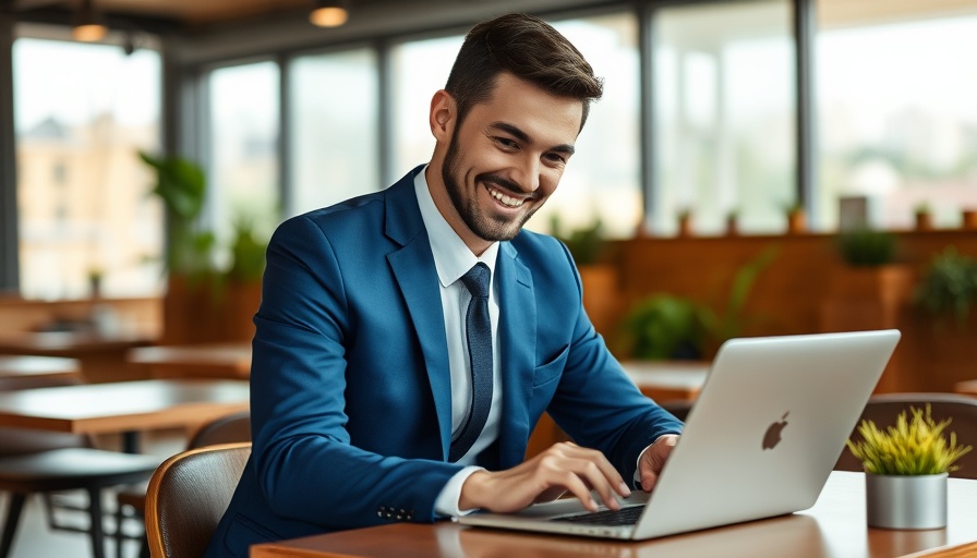 Mid-tier influencer earning $1000+ smiling at laptop in a cafe.