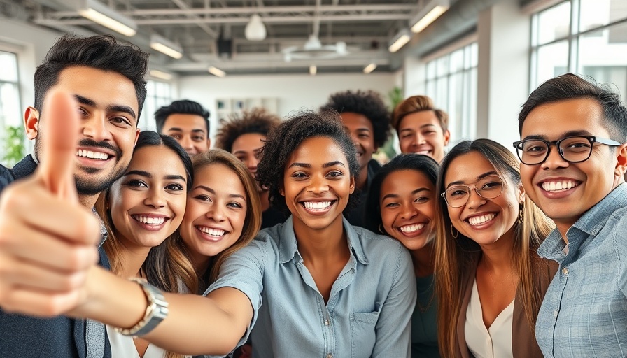 Gen Z employees smiling and taking a selfie in an office.