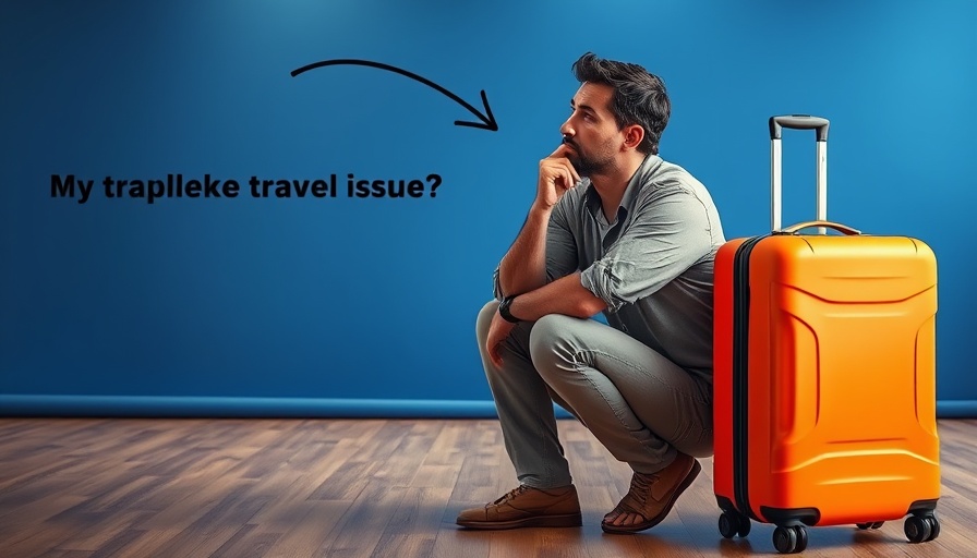 Man considering an orange suitcase with text overlay highlighting travel issue.