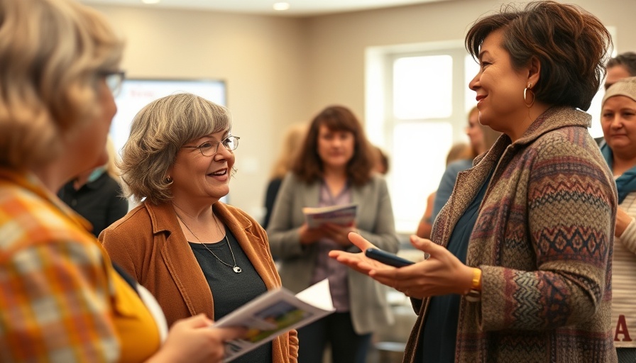 Two women discussing storm preparation tips at an indoor event.
