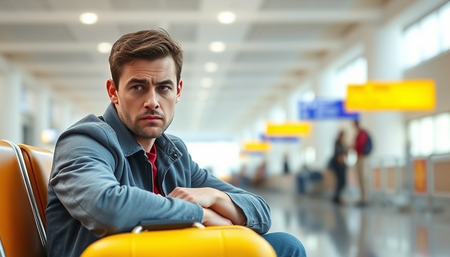 Frustrated traveler sitting in airport, potential EU261 airline delay compensation issue.
