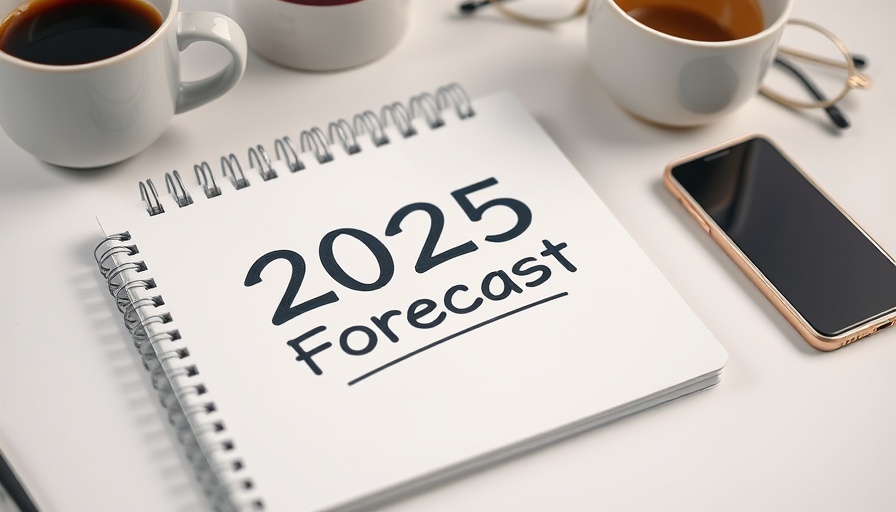 Notebook predicting 2025 on a desk with items, soft lighting.