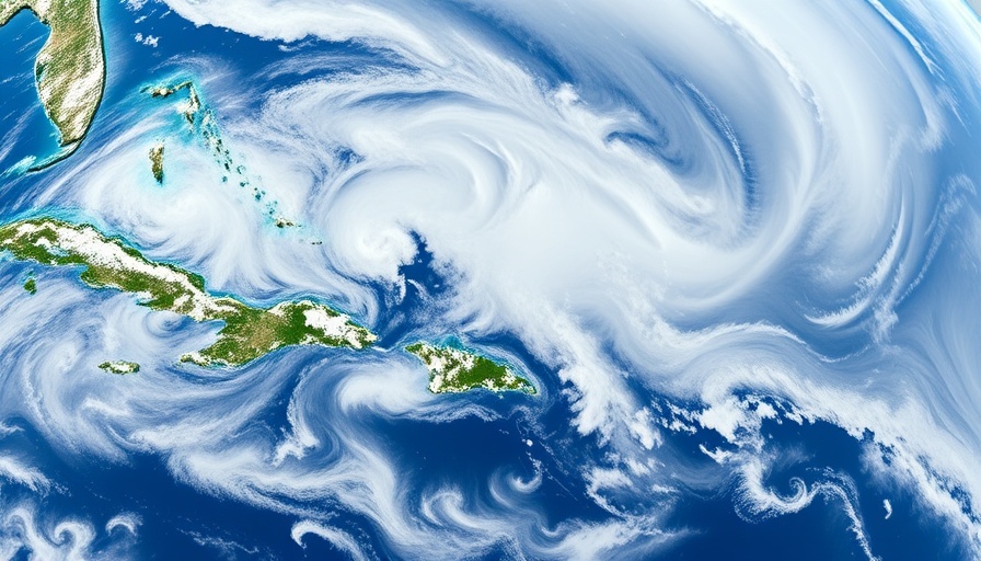 Satellite view of Caribbean tropical weather, cloud patterns visible.