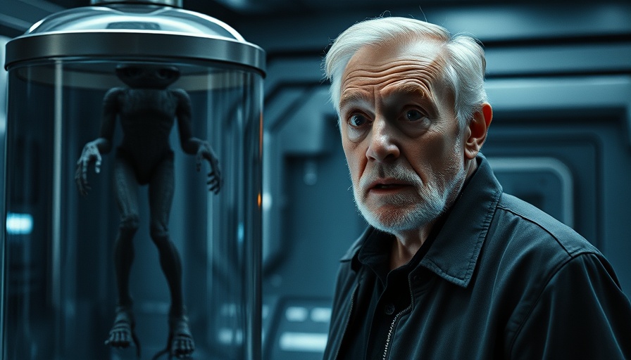 Alien Earth series: older man in sci-fi lab with alien in tank.
