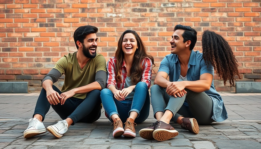 Three friends laughing together on a pavement, showcasing benefits of humility.