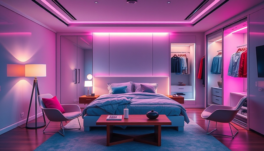 Modern smart bedroom design with ambient lighting and sleek furnishings.