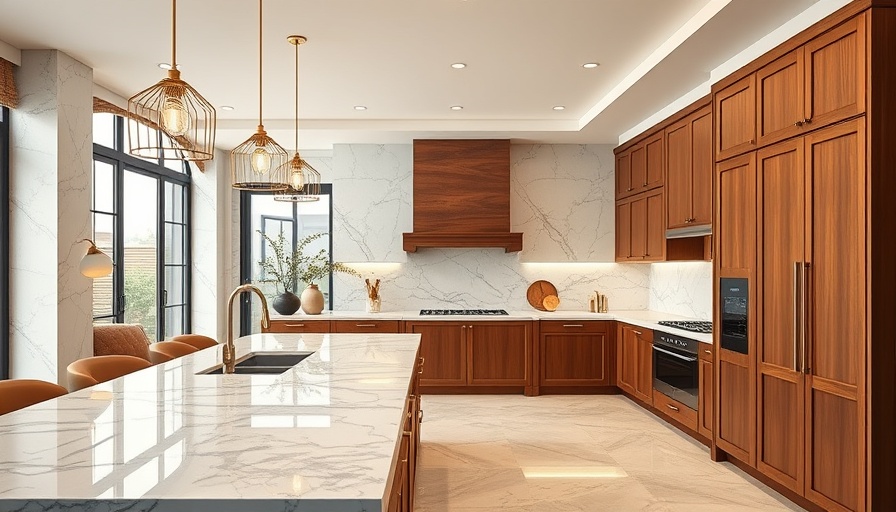 Luxury home kitchen design with marble and wood.