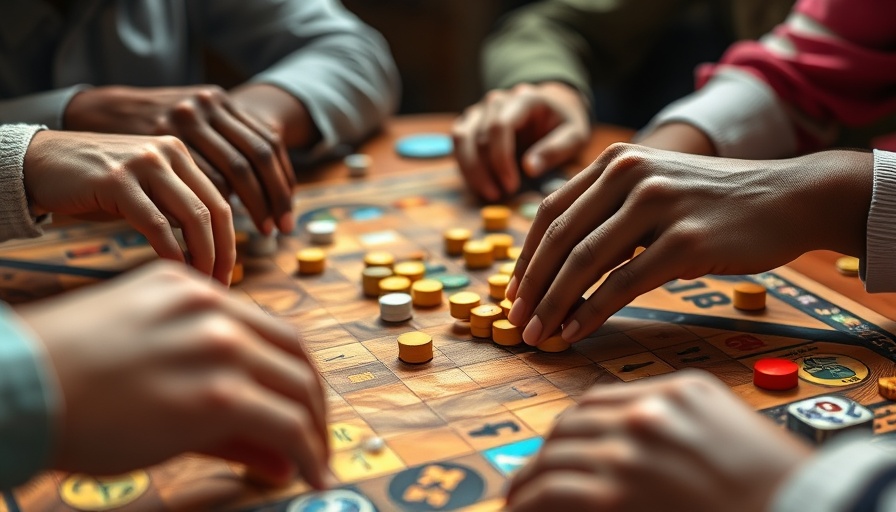 Hands playing a board game with vibrant pieces on a wooden table, illustrating cooperative gameplay.