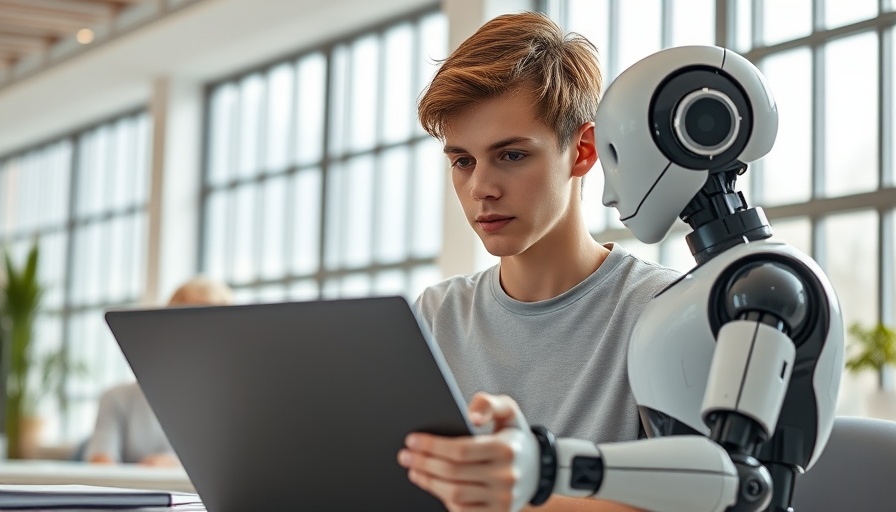 Contemplative student with robot in modern study, considering AI's role.