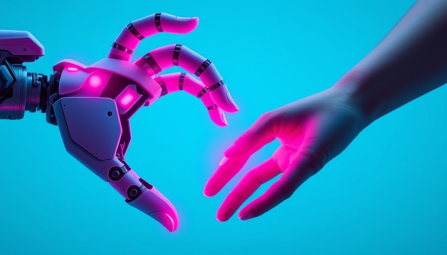Robotic and human hands reaching towards each other.