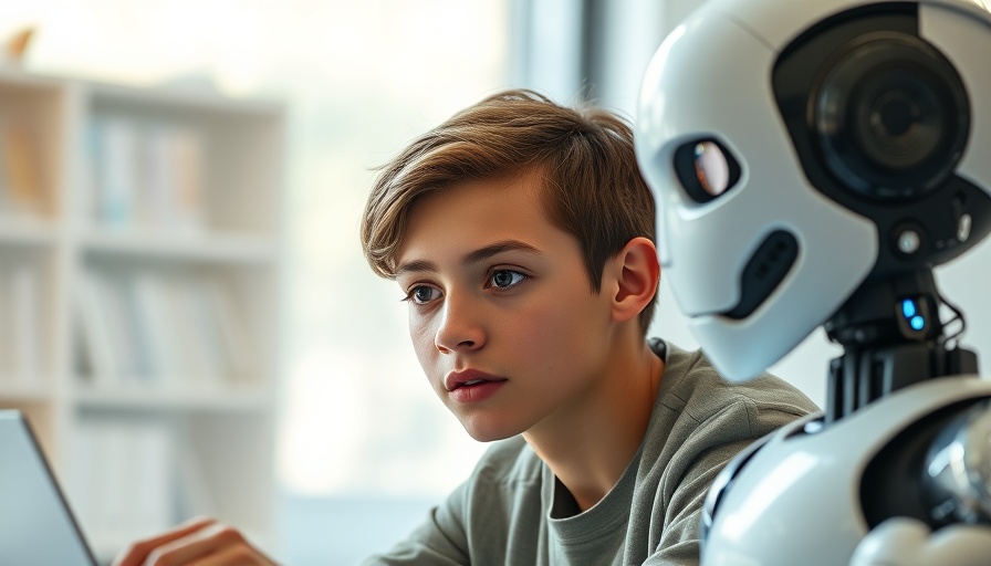 Student studying with humanoid robot, exploring AI's educational impact.