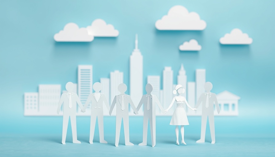 Abstract figures holding hands in front of city, symbolizing leadership development.