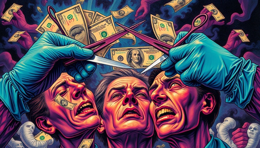Surreal illustration of cosmetic surgery risks with currency symbols and distressed faces.