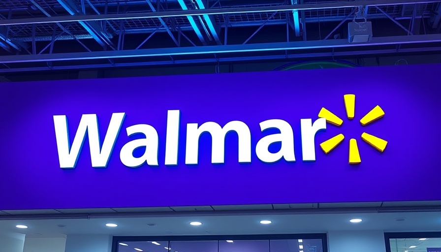 Illuminated Walmart logo indoors on purple background.