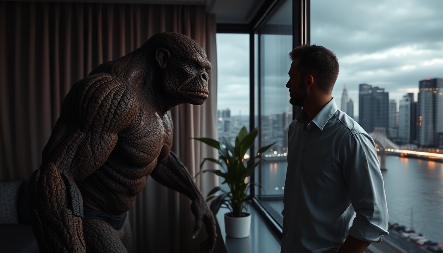 Rocky humanoid and man at window overlooking city in Avengers: Doomsday Baxter Building.