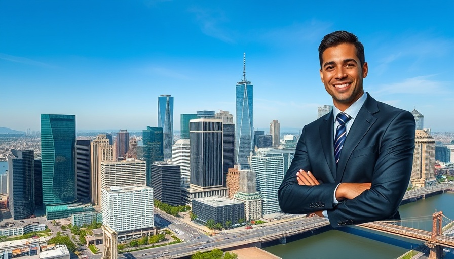Professional in front of city skyline, showcasing trust in real estate.