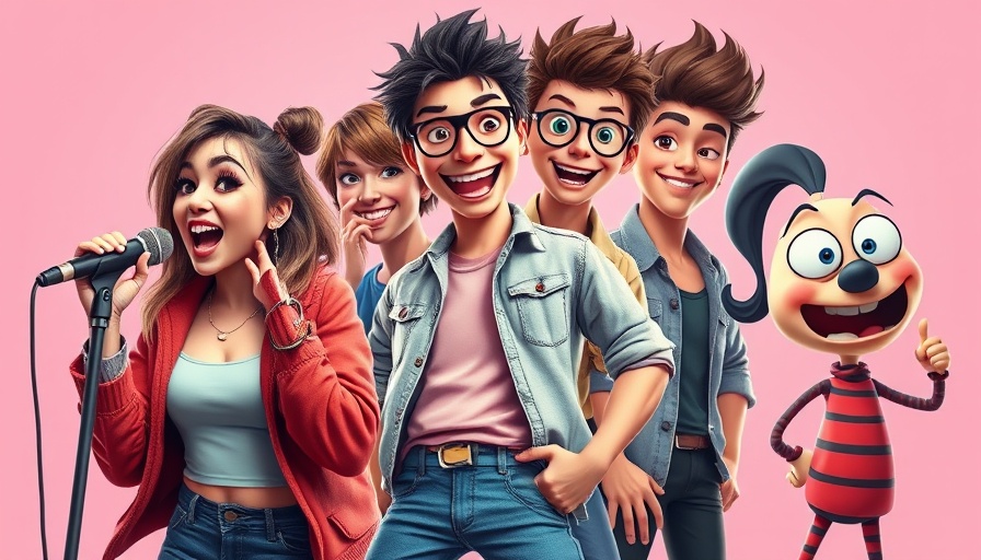 Collage of best fake songs from fake movie bands, vibrant and animated.