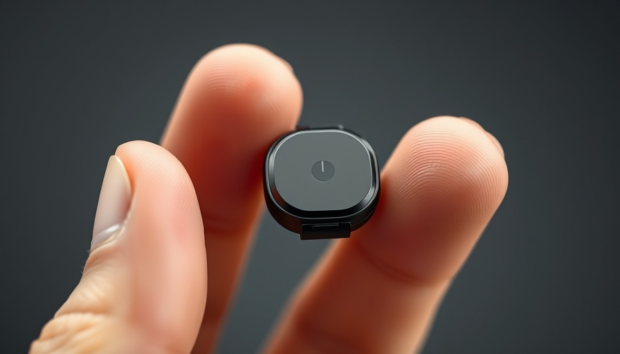 Miniaturized black device held between fingers, showcasing technology.
