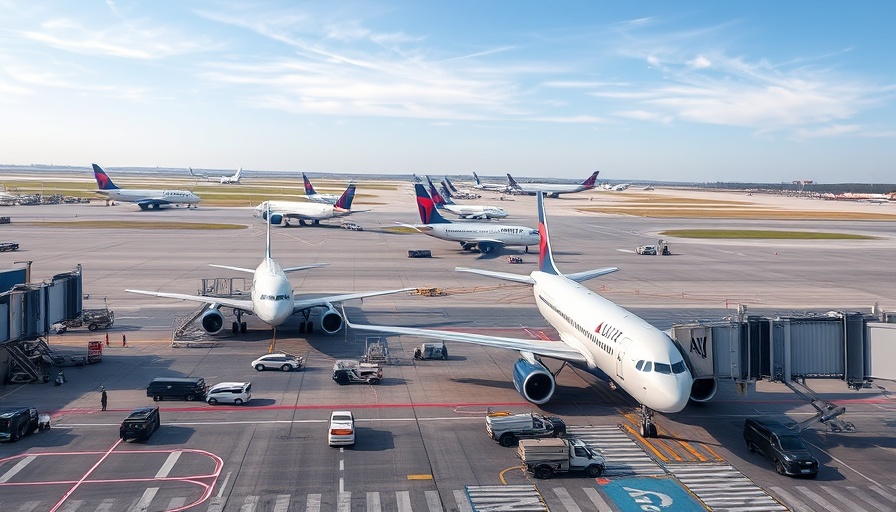 Delta aircraft at busy airport tarmac in the AI-driven airline industry.