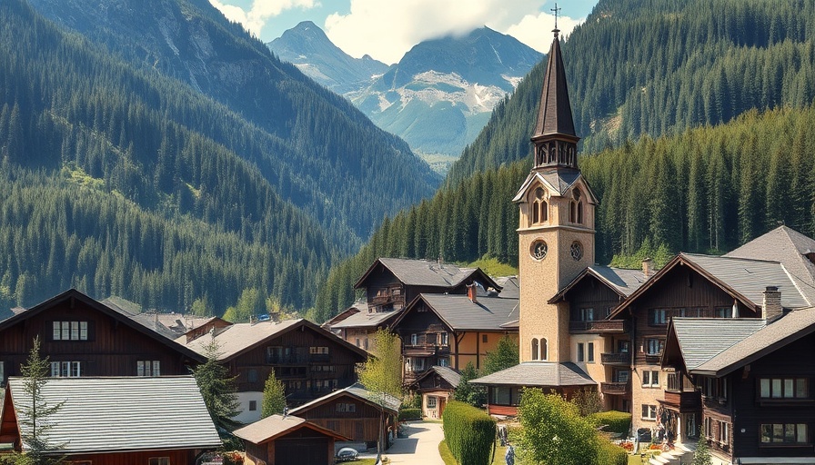 Scenic alpine mountain town ideal for summer adventures, featuring a church steeple and traditional houses.