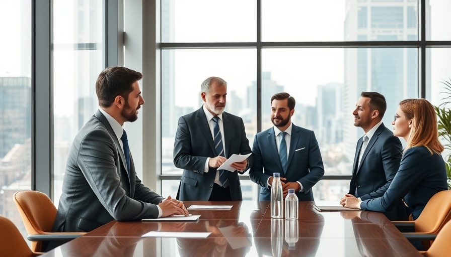 Business professionals in a meeting room discuss major broadband strategy.